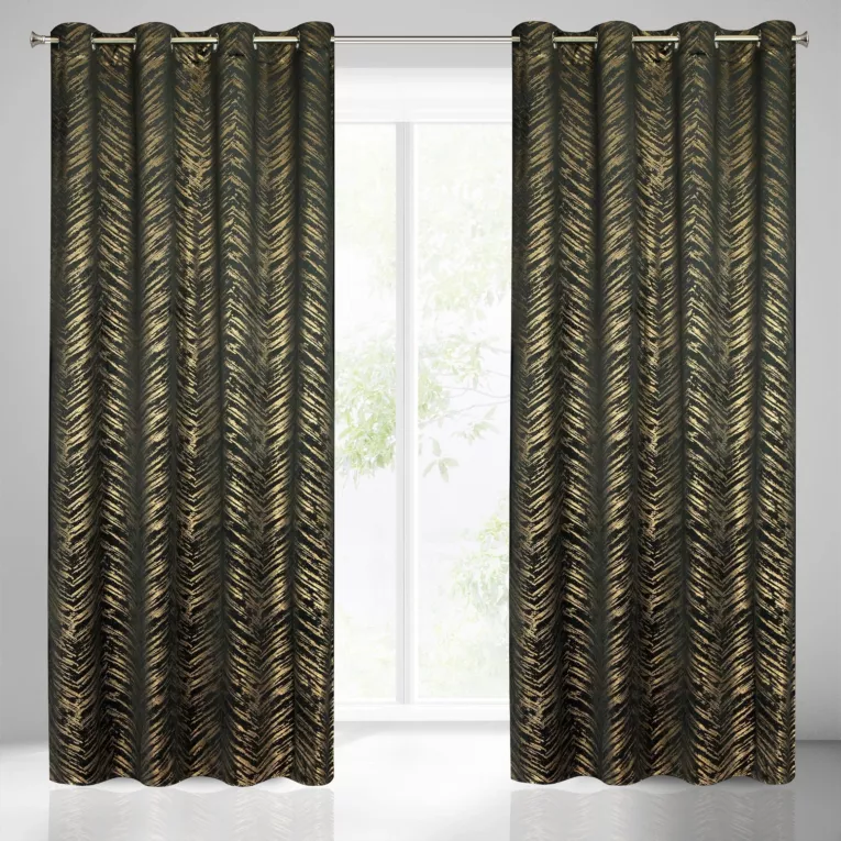 Zasłona czarno, złota z błyszczącym złotym nadrukiem z welwetu 140x250 cm przelotka SARA Eurofirany