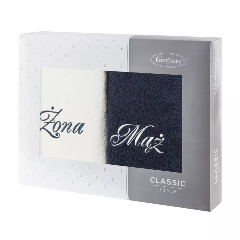 Zestaw ręczników bawełnianych 2 szt 50x90 cm z haftem Żona i Mąż kolor biały,granatowy 400 g/m2 Eurofirany