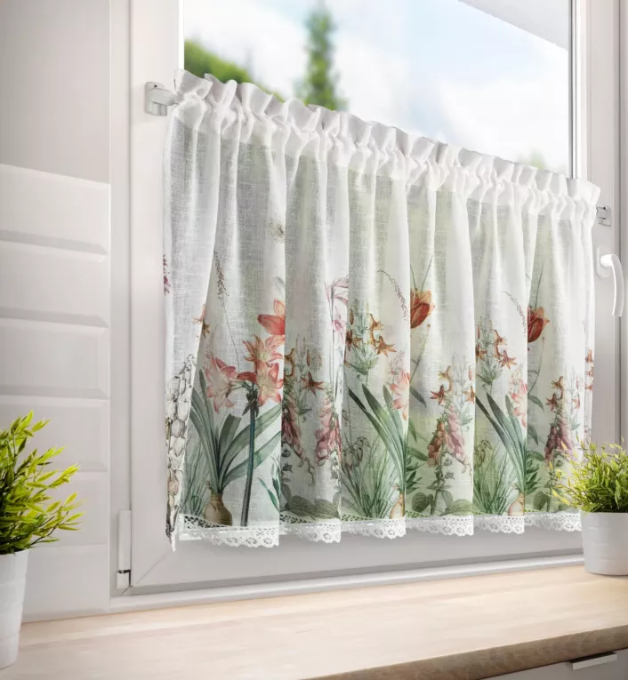 Zazdrostka biało, fioletowa zdobiona nadrukiem letnich kwiatów 60x150 cm tunel NEMEZJA Eurofirany