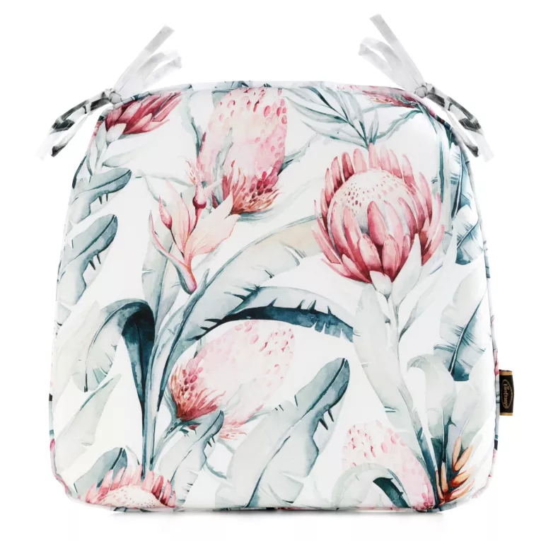 Poduszka na krzesło 38 x 40 x 4 cm wodoodporna biało, niebieska zdobione roślinnym wzorem GARDEN Eurofirany