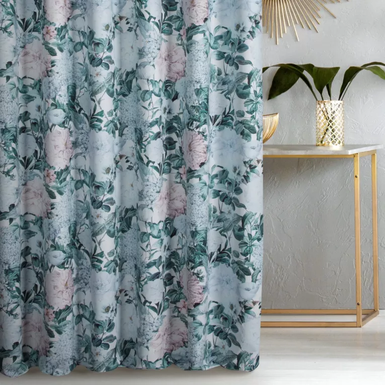 Zasłona szyta na taśmie fala biało zielona z miękkiej tkaniny o naturalnym splocie z kwiatowym wzorem