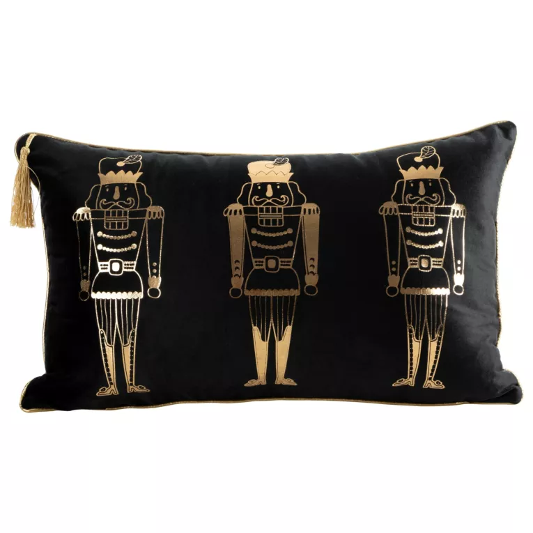 Poszewka na poduszkę 30x50 cm świąteczna welwetowa zdobiona nadrukiem dziadka do orzechów czarno, złota Eurofirany