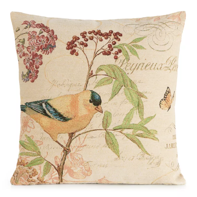 Poszewka na poduszkę 45x45 cm bawełniana, żakardowa z motywem ptaszka beżowo, jasnozielona GOBELIN Eurofirany