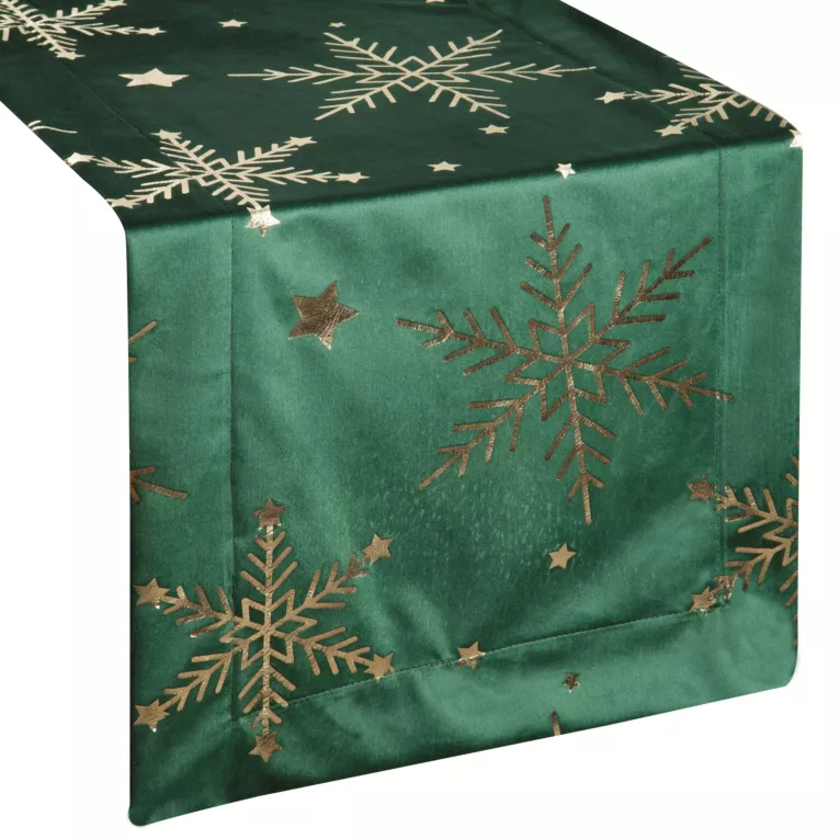Bieżnik świąteczny 40x140 cm ciemnozielony, szampański welwetowy zdobiony błyszczącym nadrukiem Eurofirany