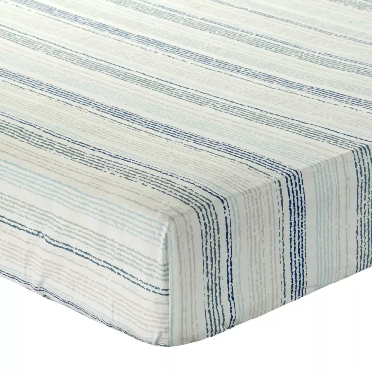 Prześcieradło z gumką 180x200 cm z bawełny kolor niebieski,biały wzór w paski 105 g/m2 PRINT Eurofirany