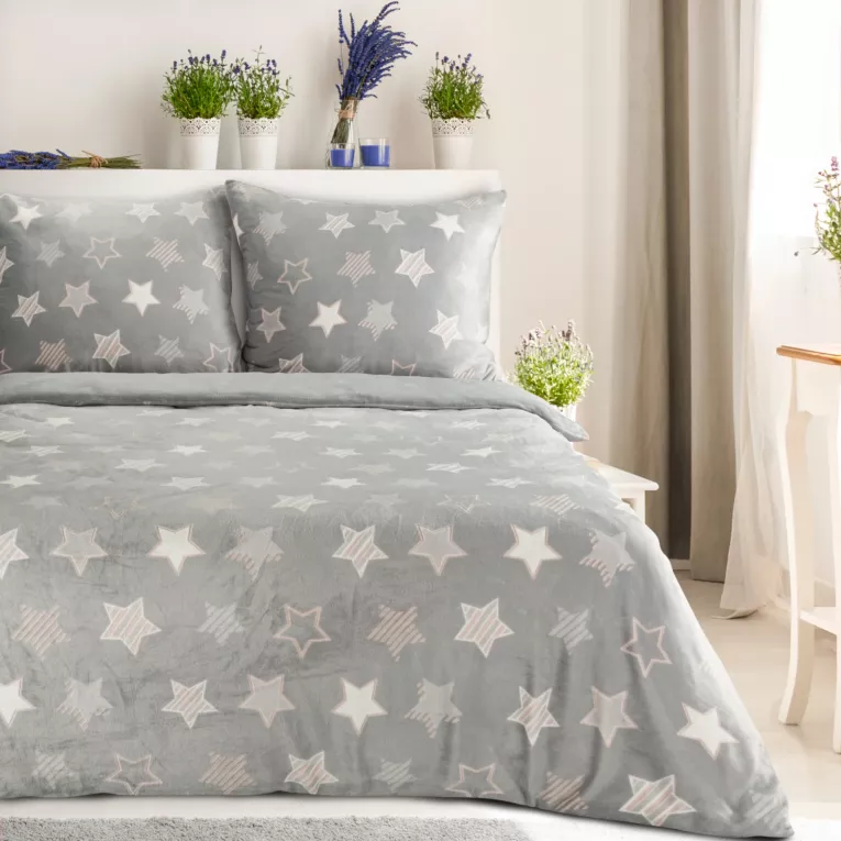 Pościel 220x200 z polaru kolor srebrny z gwiazdkami FLANO Eurofirany