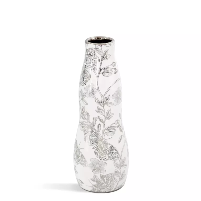 Wazon dekoracyjny biało, srebrny zdobiony roślinnym wzorem 9x25 cm RITA Eurofirany
