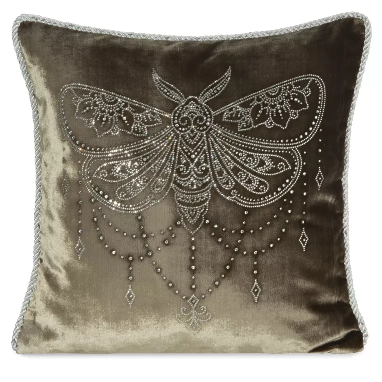 Poszewka na poduszkę 45x45 cm welwetowa zdobiona wzorem motyla z kryształków ciemnobeżowa ROYAL 8 Eurofirany