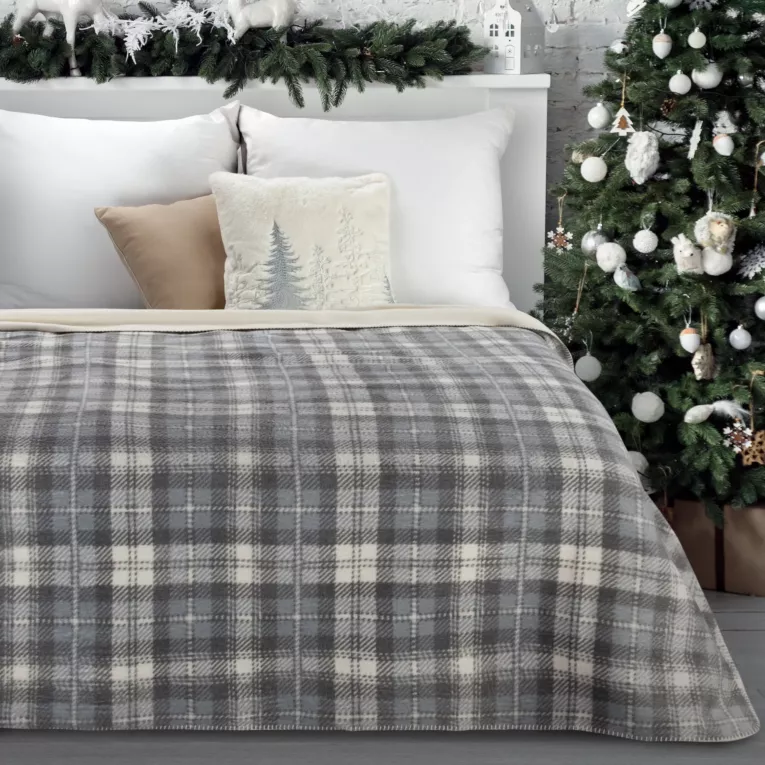 Koc bawełniano, akrylowy 200x220 cm szaro, kremowy świąteczny z motywem kraty SANTA Eurofirany