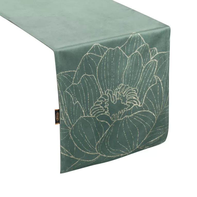 Bieżnik na stół ciemnomiętowo, złocisty 35x180 cm welwetowy BLINK 13 z dużym wzorem lilii wodnej