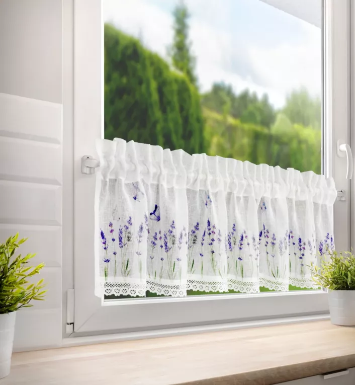 Zazdrostka ELLA z etaminy zdobiona nadrukiem lawendy i koronką Eurofirany