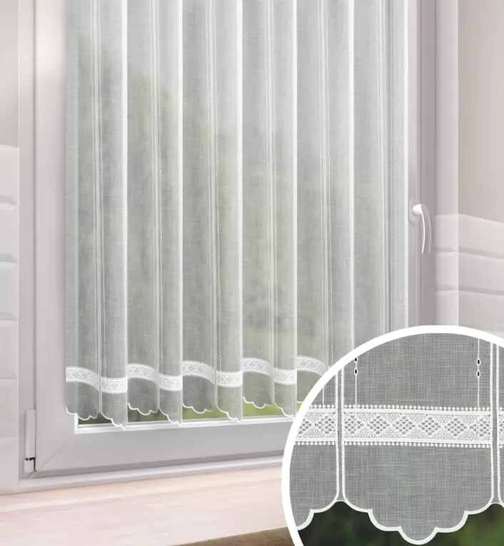 Firana szyta na taśmie fala biała zazdrostka roletowa na cienkiej etaminie, zdobiona geometrycznym haftem