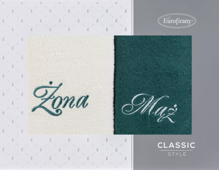 Zestaw ręczników bawełnianych 2 szt 50x90 cm z haftem Żona i Mąż kolor kremowy,ciemnozielony 400 g/m2 Eurofirany