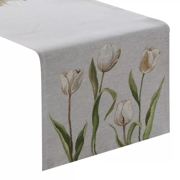 Bieżnik na stół jasnopopielato, kremowy 40x100 cm gobelinowy z motywem tulipanów