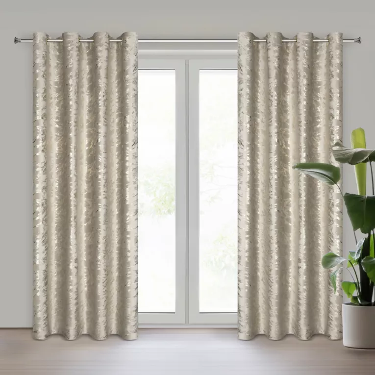 Zasłona ciemnobeżowa, złocista z błyszczącym nadrukiem z tkaniny welwetowej 140x250 przelotka DORIS Eurofirany