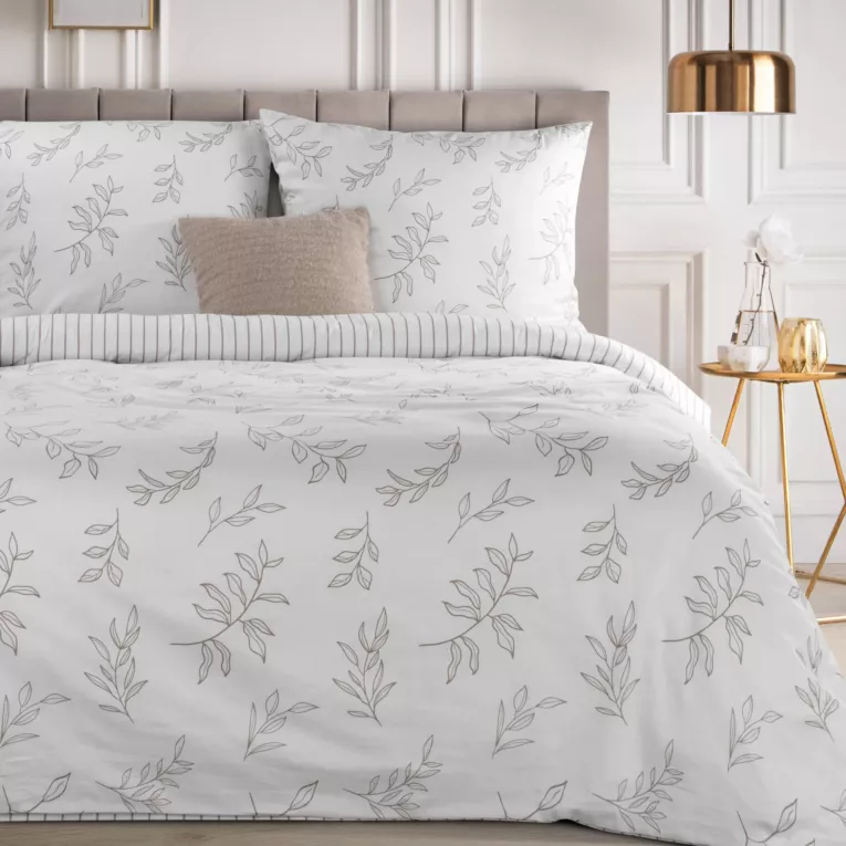 Pościel 220x200 cm komplet 3 częściowy z satyny bawełnianej kolor biało, beżowy zdobiona nadrukiem palmowych liści RAYA 1 Eurofirany