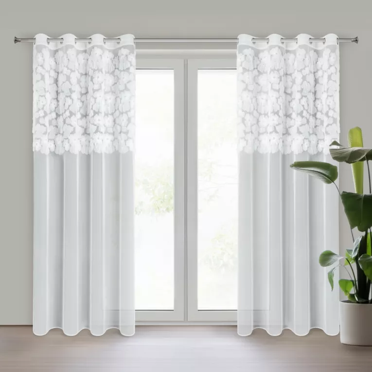 Firana biała z siateczki zdobiona kwiatami z dodatkiem drobnych perełek 3D 140x250 cm przelotka - JASMIN 3 Eva Minge Eurofirany