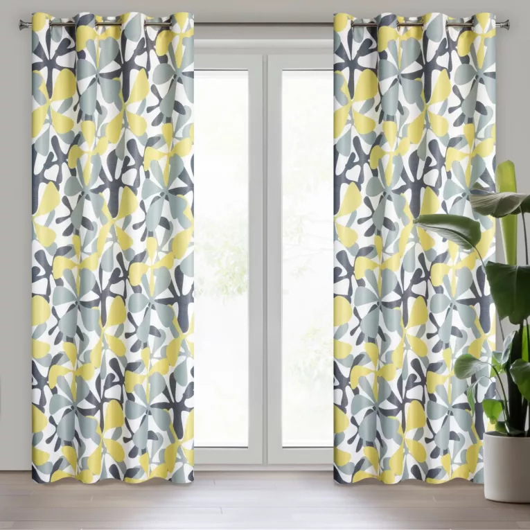 Zasłona biało, żółta w graficzny wzór kwiatów 140x250 cm przelotka DORIN Design 91