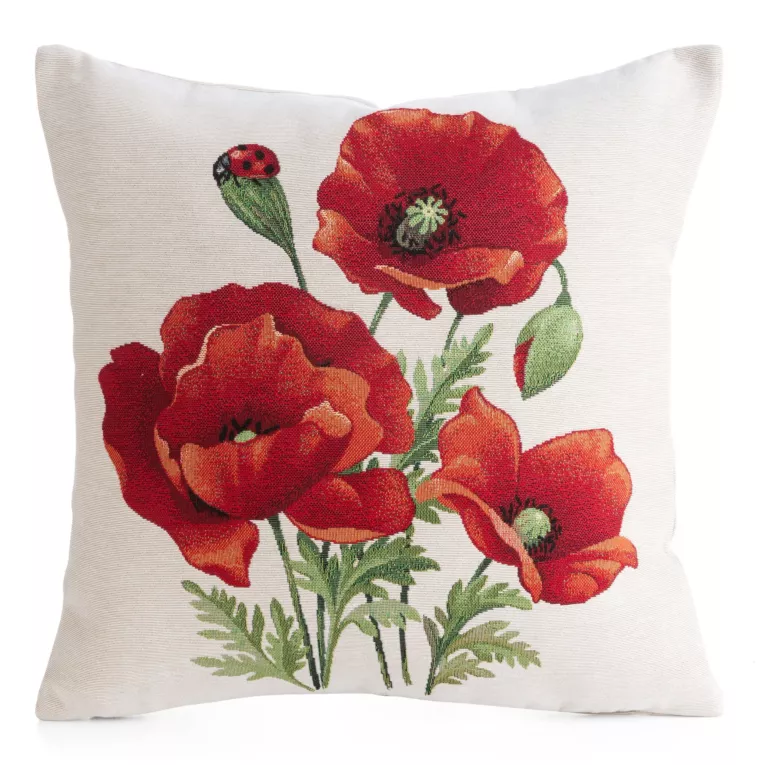 Poszewka na poduszkę 45x45 cm bawełniana, gobelinowa z motywem letnich czerwonych maków czerwono, naturalna GOB Eurofirany