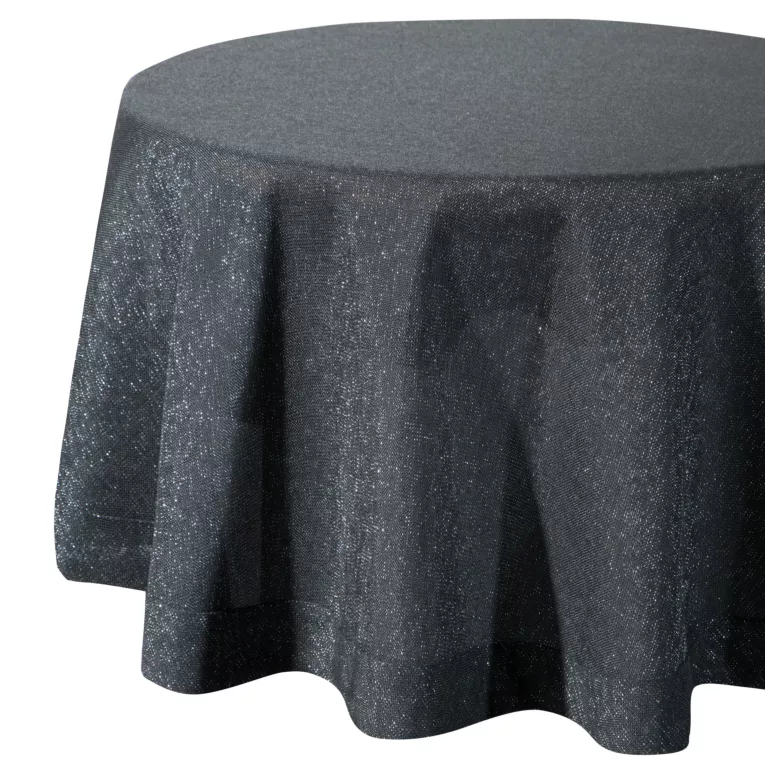 Obrus okragły czarny średnica 150 cm o strukturze płótna STELLA 1 z dodatkiem srebrnej nici