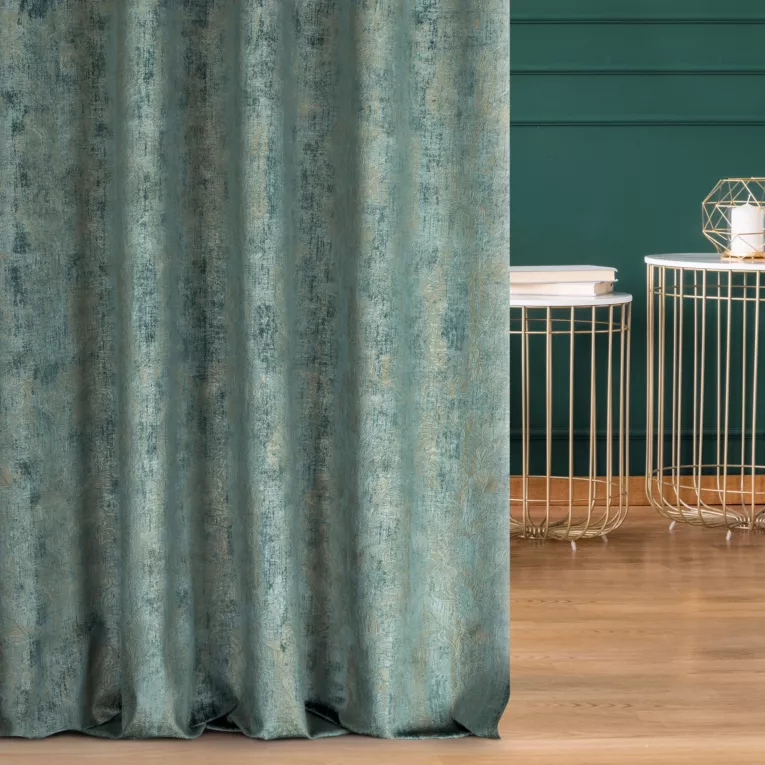 Zasłona szyta na taśmie fala turkusowo szampańska z tkaniny welwetowej z nadrukiem