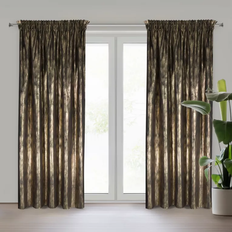 Zasłona czarno, szampańska zdobiona lśniącym nadrukiem z welwetowej tkaniny 140x270 cm taśma EMILA Eurofirany