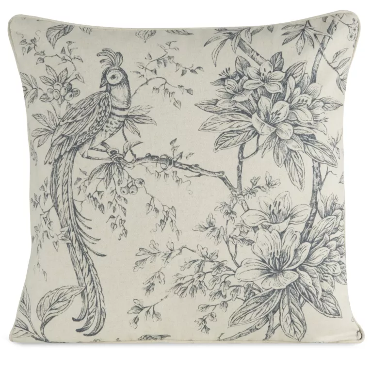 Poszewka na poduszkę 50x50 cm bawełniana z dodatkiem lnu zdobiona nadrukiem roślinnym kremowo, garantowa LEN Eurofirany