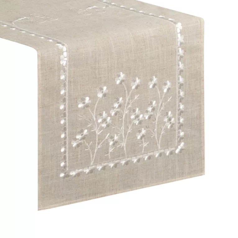 Bieżnik na stół beżowy 40x180 cm ADELINE z dodatkiem lnu zdobiony haftem Eurofirany