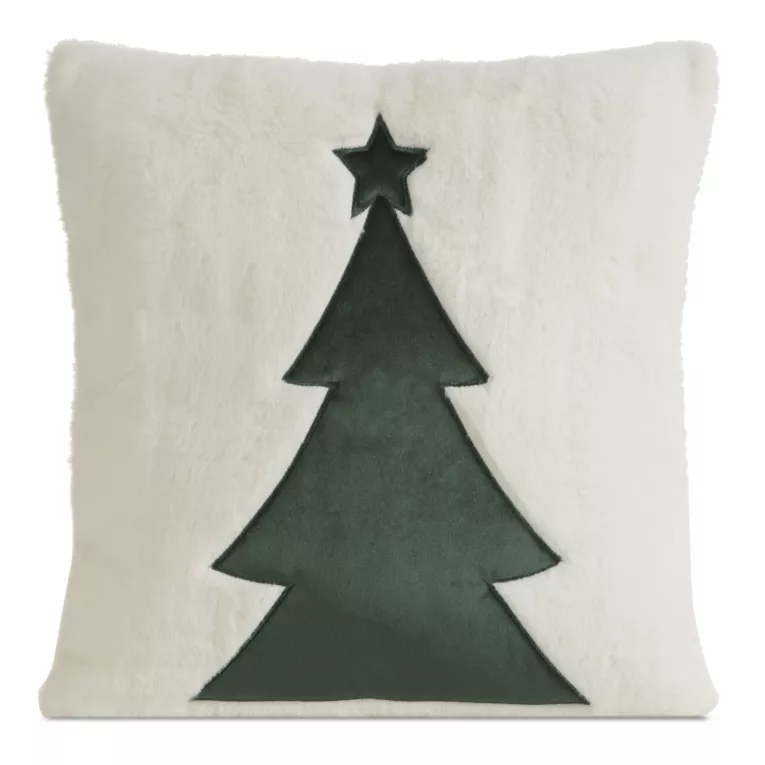 Poszewka na poduszkę 45x45 cm świąteczna z futerka zdobiona motywem choinki kremowo, zielona Eurofirany
