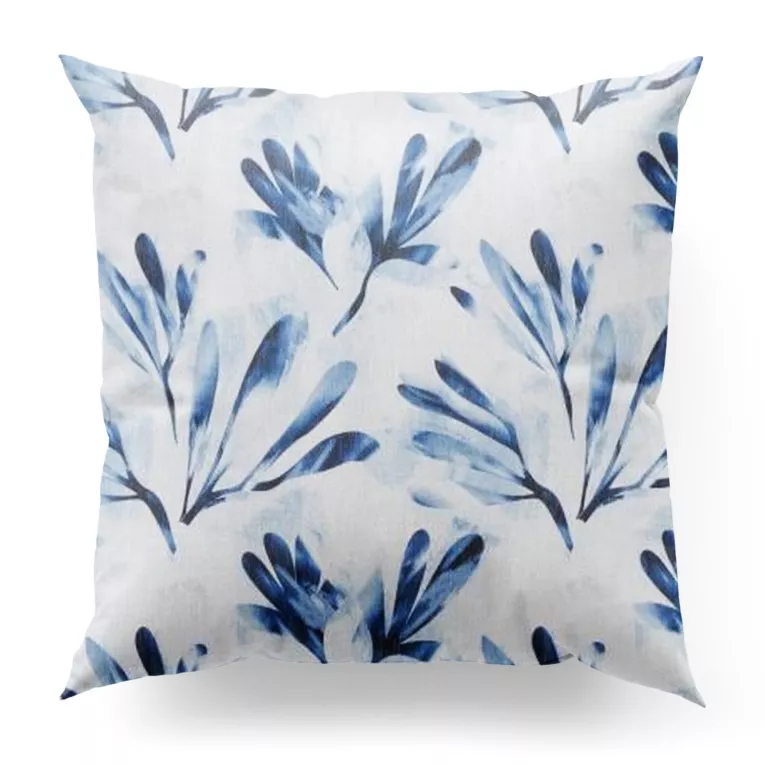 Poszewka szyta DARREN kremowo granatowa z półprzezroczystej tkaniny o luźnym splocie drukowanej w roślinny wzór