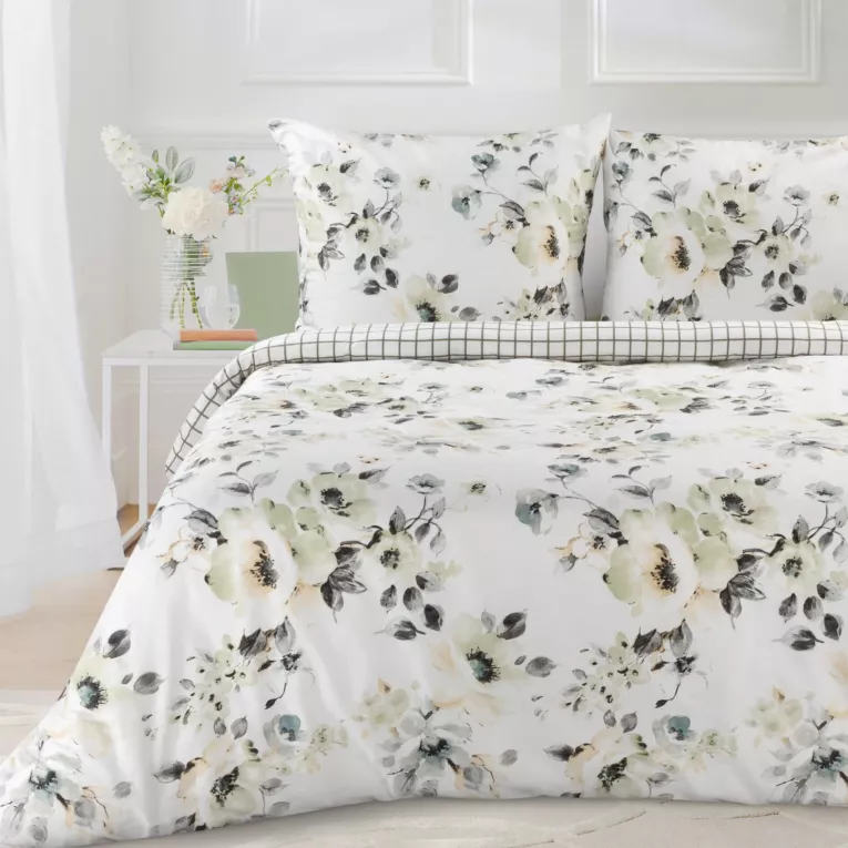 Pościel 220x200 cm bawełniana kolor biały, miętowy z subtelnym wzorem kwiatowym SPRING 32 Eurofirany