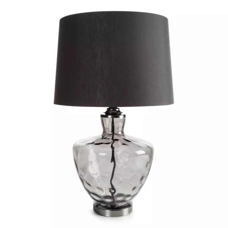 Lampa stołowa do pokoju srebrna ADELINE z lekko dymionego szkła i matowym abażurem Eurofirany