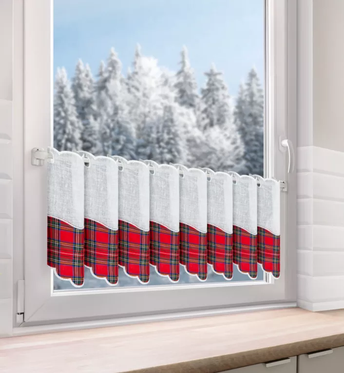 Tkanina firanowa zazdrostka z motywem świątecznej kraty  Eurofirany