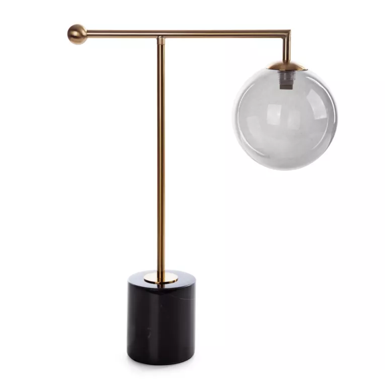 Lampa stołowa nocna złoto, czarna EVAN z marmurową podstawą i szklaną bombką Eurofirany