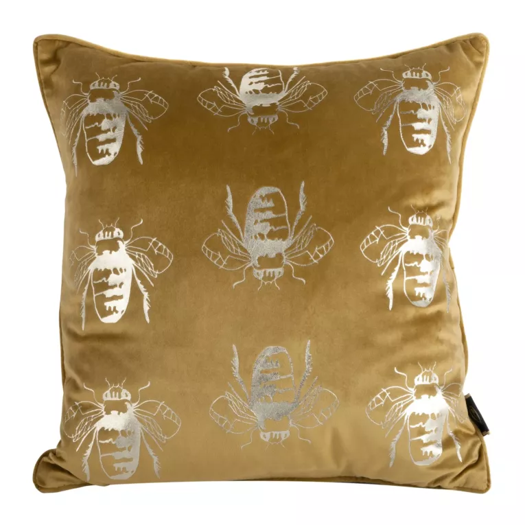 Poszewka na poduszkę 45x45 cm welwetowa z symetrycznym nadrukiem pszczół miodowo, złocista BILNK Eurofirany