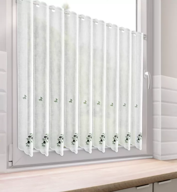 Tkanina firanowa zazdrostka zdobiona haftem gałązki oliwnej Eurofirany