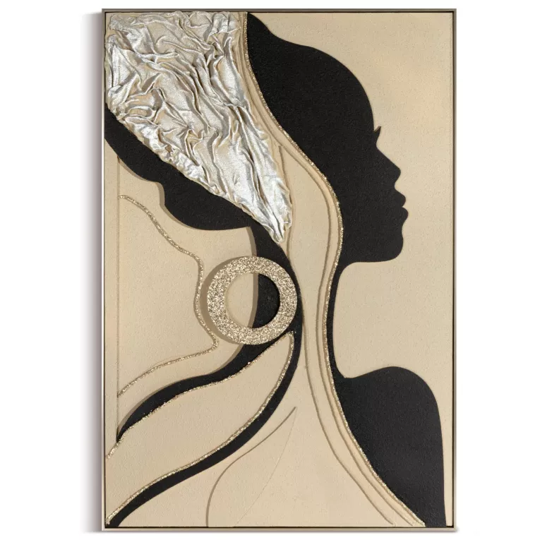 Obraz beżowo, czarny ręcznie malowany z motywem sylwetki kobiety oprawiony w ramę 82x122 cm Eurofirany