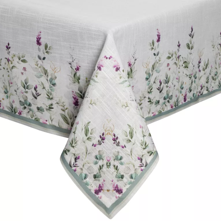 Obrus naturalno, miętowy 140x240 cm SUMMER 11 zdobiony nadrukiem letnich kwiatów