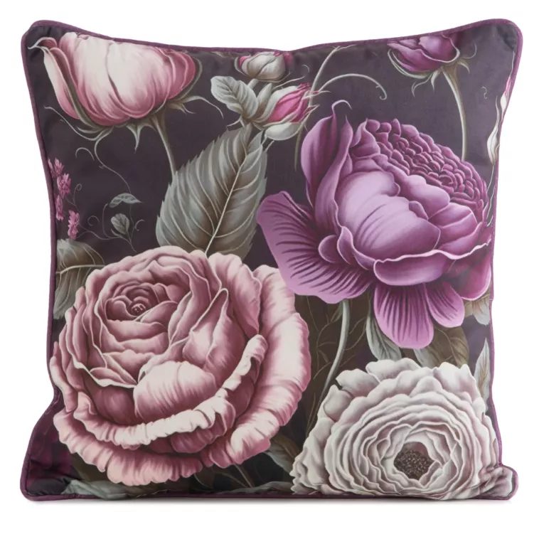 Poszewka na poduszkę 45x45 cm welwetowa, dwustronna z motywem kwiatów z wypustką na brzegach fioletowo, czarna EUROFIRANY PREMIUM