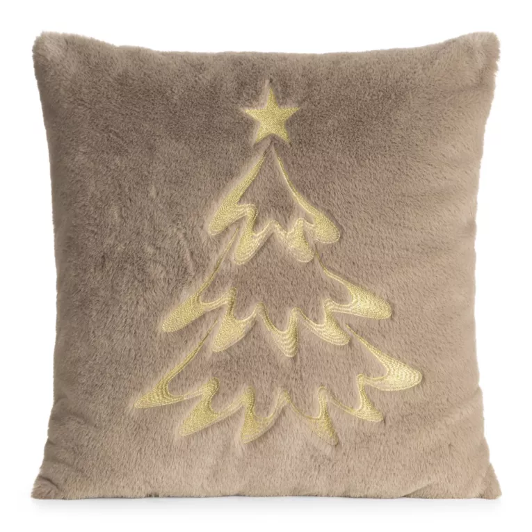 Poszewka na poduszkę świąteczna 45x45 cm jasnobrązowo, szampańska z przyjemnego futerka zdobiona haftem choinki Eurofirany