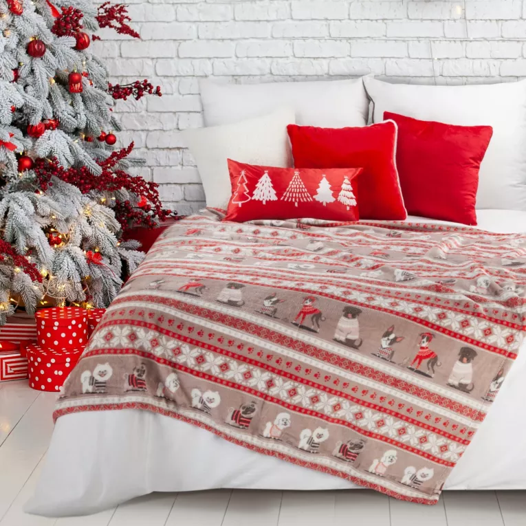 Koc  150x200 cm beżowo, czerwony z motywem świątecznych piesków Eurofirany