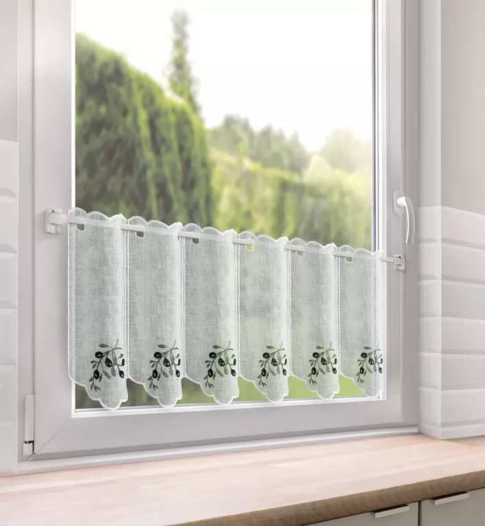 Tkanina firanowa zazdrostka zdobiona haftem gałązki oliwnej Eurofirany