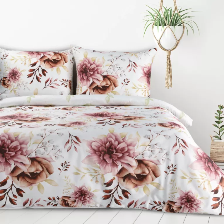 Pościel 140x200 cm z mieszanki włókien kolor biały, wrzosowy z nadrukiem kwiatów LEA11 Design 91 Eurofirany