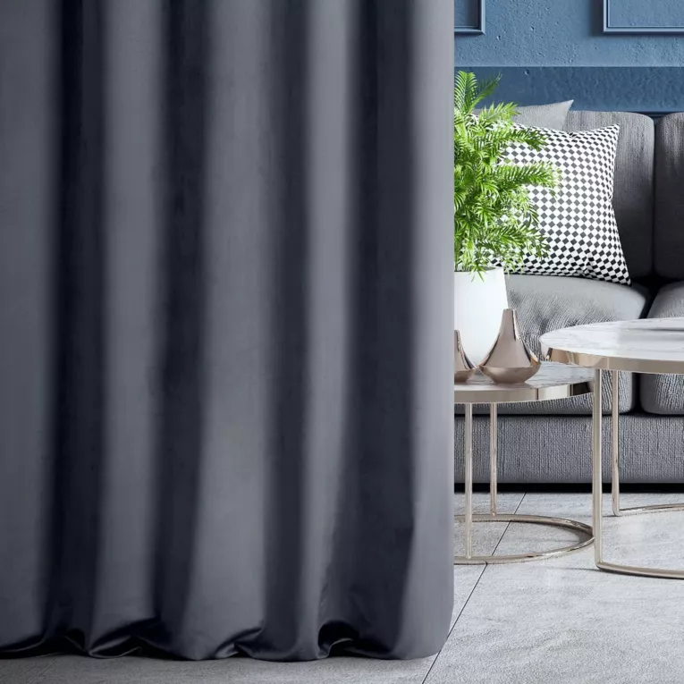 Zasłona szyta na taśmie fala ENYA popielata z miękkiej półmatowej tkaniny welwetowej