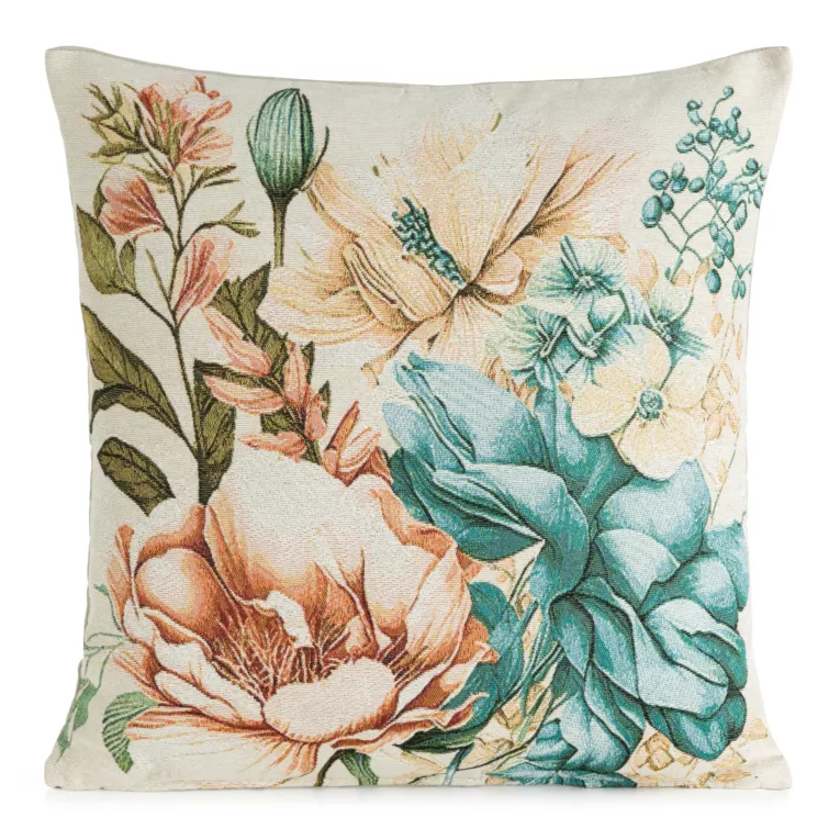 Poszewka na poduszkę 45x45 cm bawełniana, żakardowa z motywem kwiatów kremowo, niebieska GOBELIN Eurofirany