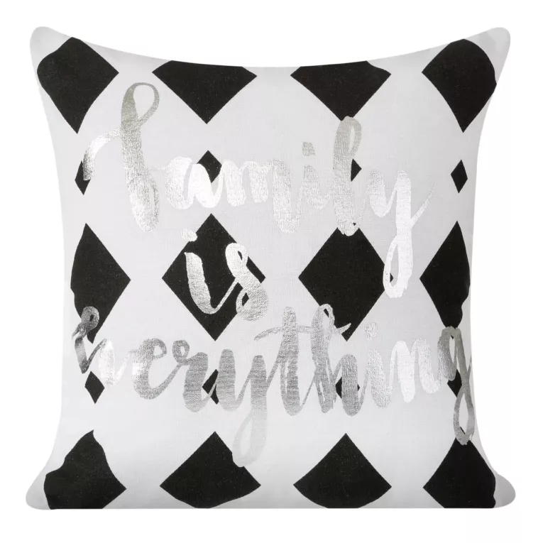 Poszewka na poduszkę 40x40 cm bawełniana z nadrukiem geometrycznym i srebrnymi napisami biała ENOLA Eurofirany
