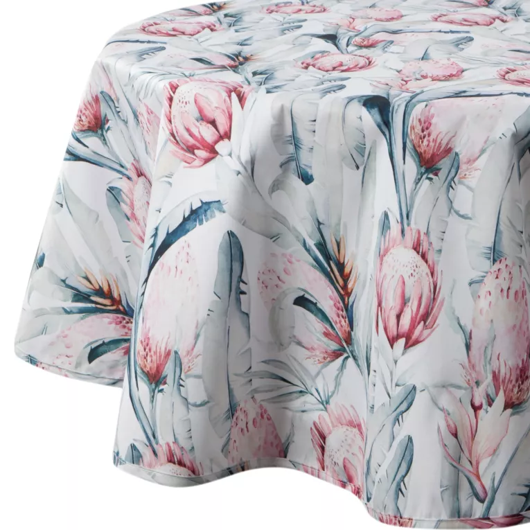 Obrus okrągły biało, niebieski średnica 150 cm wodoodporny GARDEN na taras oraz balkon