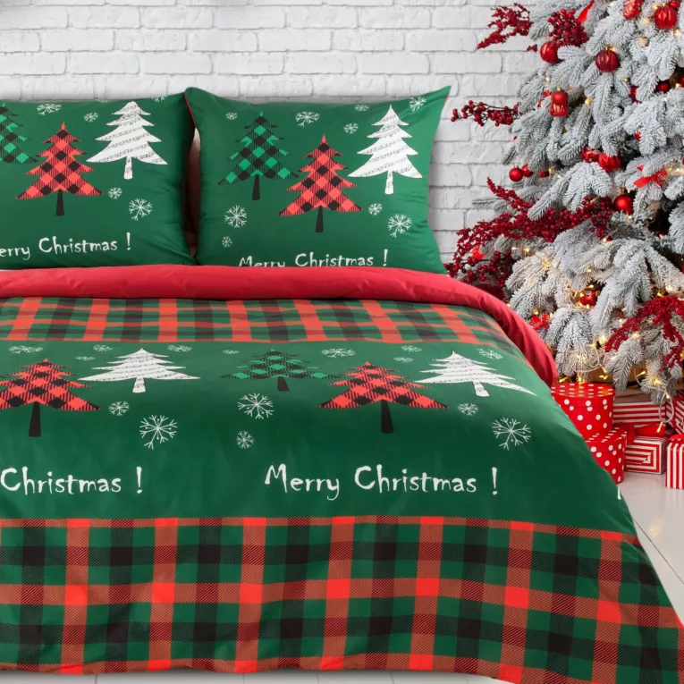 Pościel świąteczna 140x200 cm bawełniana kolor zielony, czerwony z motywem kraty FELIKS Eurofirany