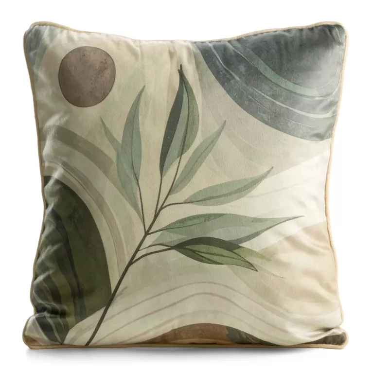 Poszewka na poduszkę 45x45 cm welwetowa oliwkowo, beżowo z roślinnym nadrukiem VELVET 213 Eurofirany