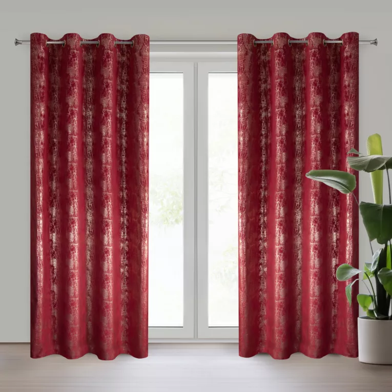 Zasłona bordowo, szampańska welwetowa z błyszczącym nadrukiem 140x250 cm przelotki - INGRID Eurofirany